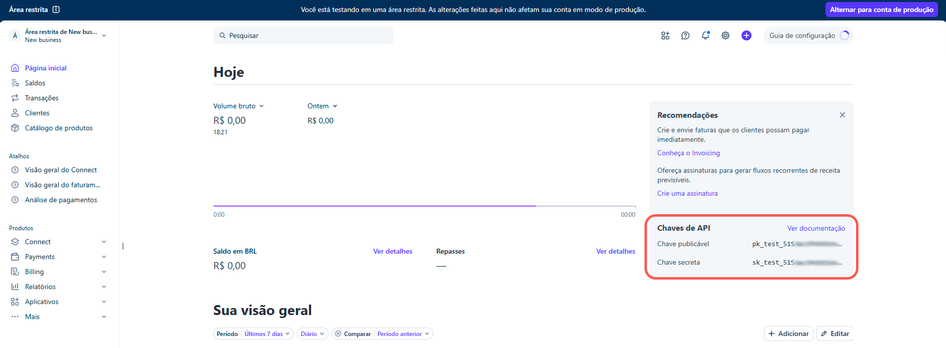 Dashboard da Stripe com card de Chaves de API